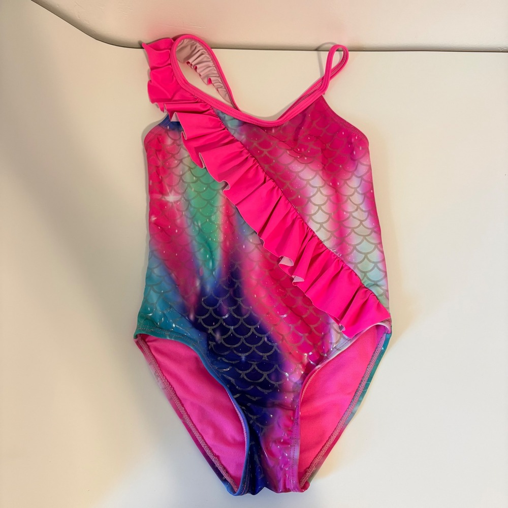 XOXO Swimsuit Mermaid Scale Ruffle One Piece Girls Size XS 4/5 Pink Blue